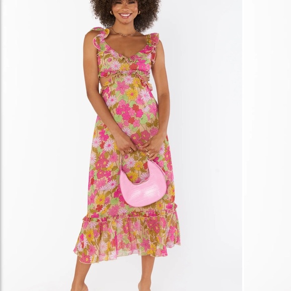 Show me your mumu lane midi dress in fun pink floral print Fun side cutouts M - Picture 6 of 10